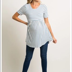 Blue striped maternity peplum cross back top